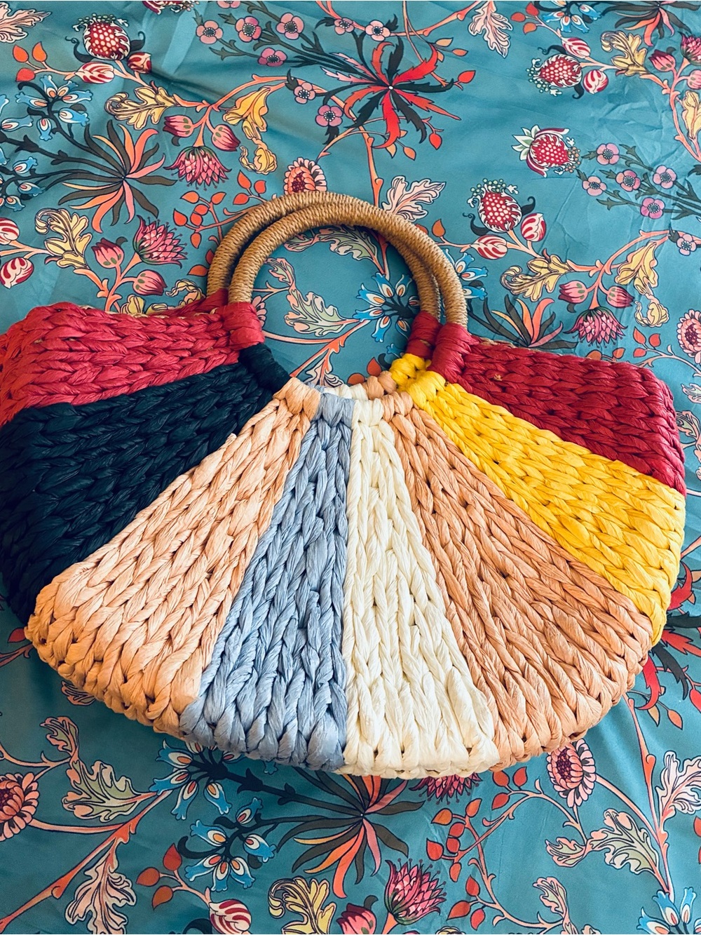 Colorblock Straw Handbag with Round Handles - Multicolor - Picture 1 of 6